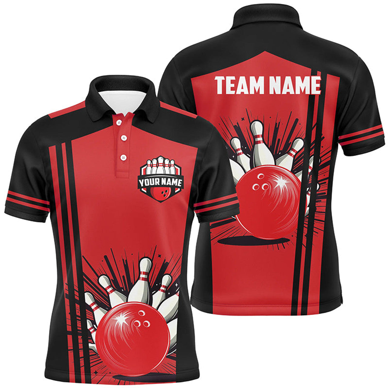 Personalized Black and Red Retro Bowling Polo Shirt Men's Polo Shirt S-5XL