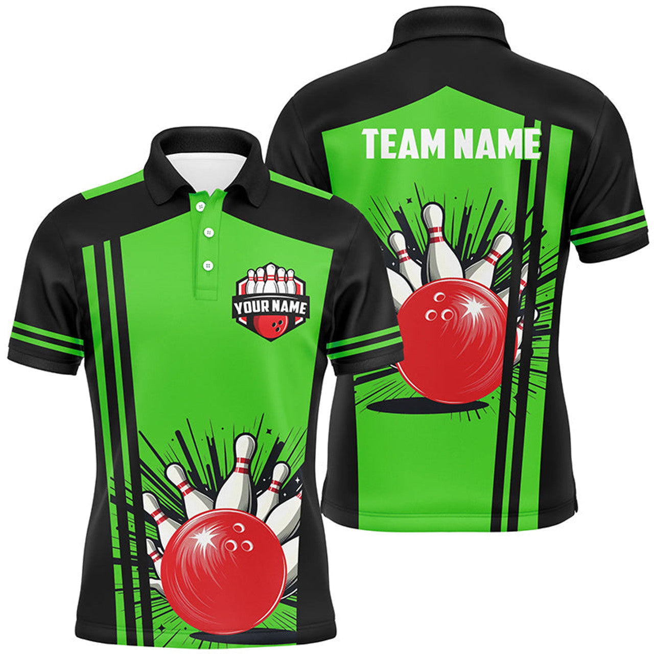Personalized Black Green Retro Bowling Quarter Zip Mens Polo Shirt S-5XL
