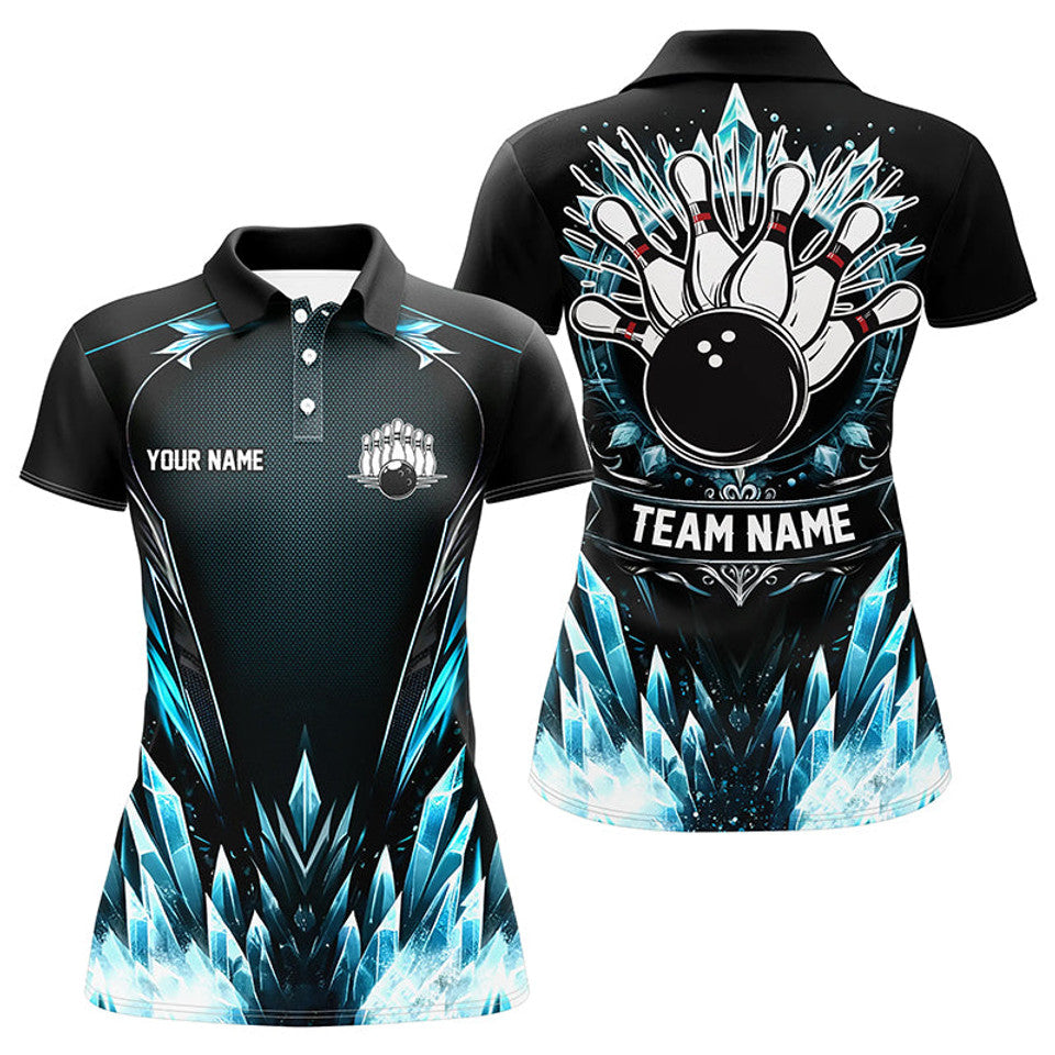Custom Icy Blue Women Bowling Polo Shirt Black Team Gift Women's Polo Shirts S-5XL