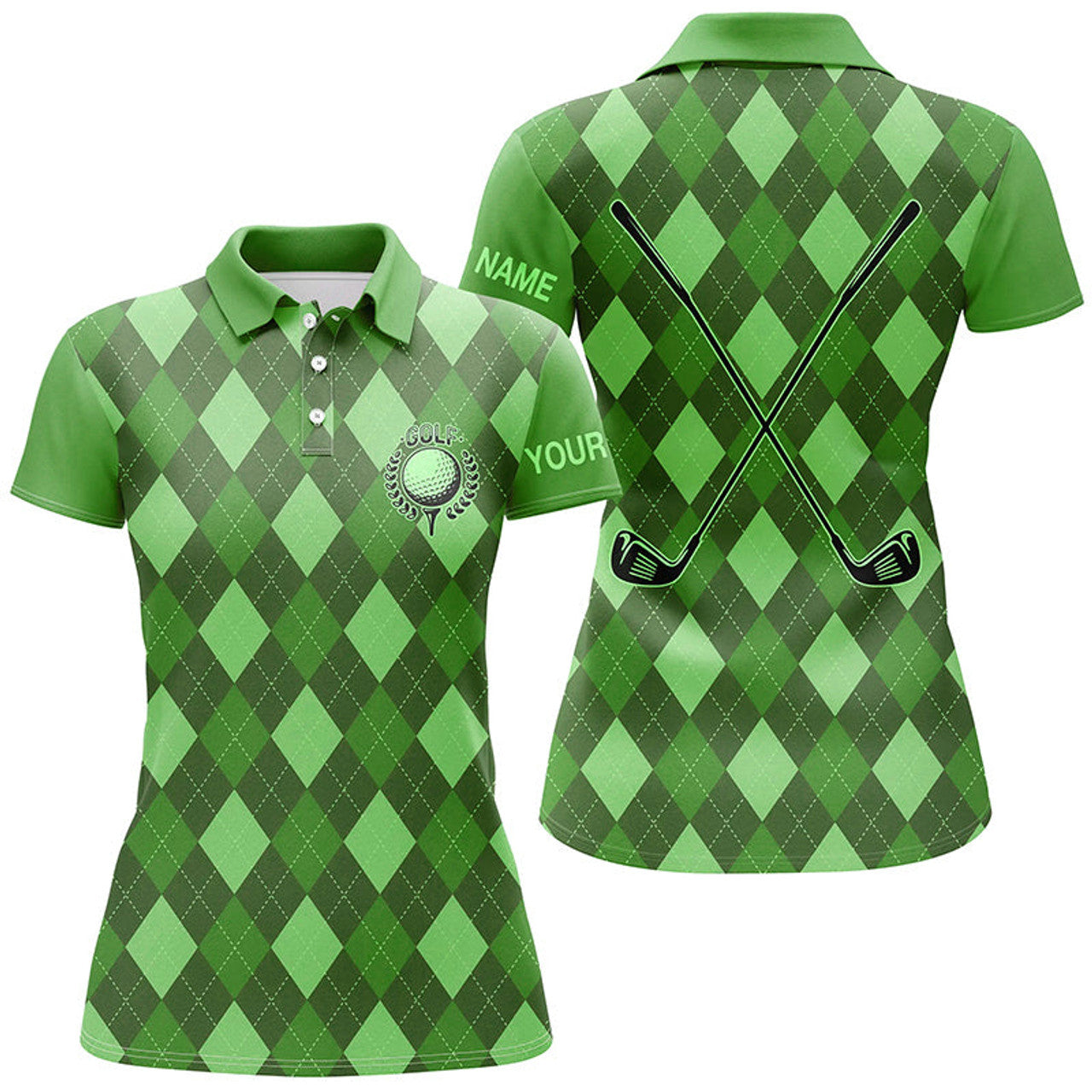 Custom Green Argyle Golf Personalized Name Golf Outfit Women's Polo Shirts S-5XL