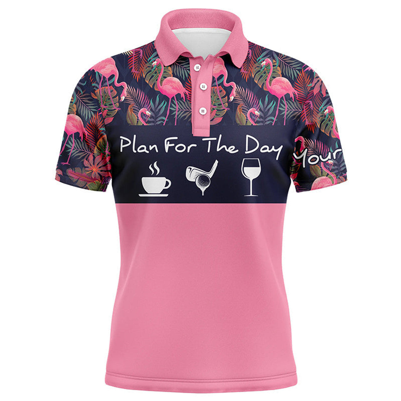 Plan Day Coffee Golf Wine Pink Flamingo Palm Leaves Mens Polo Shirt S-5XL