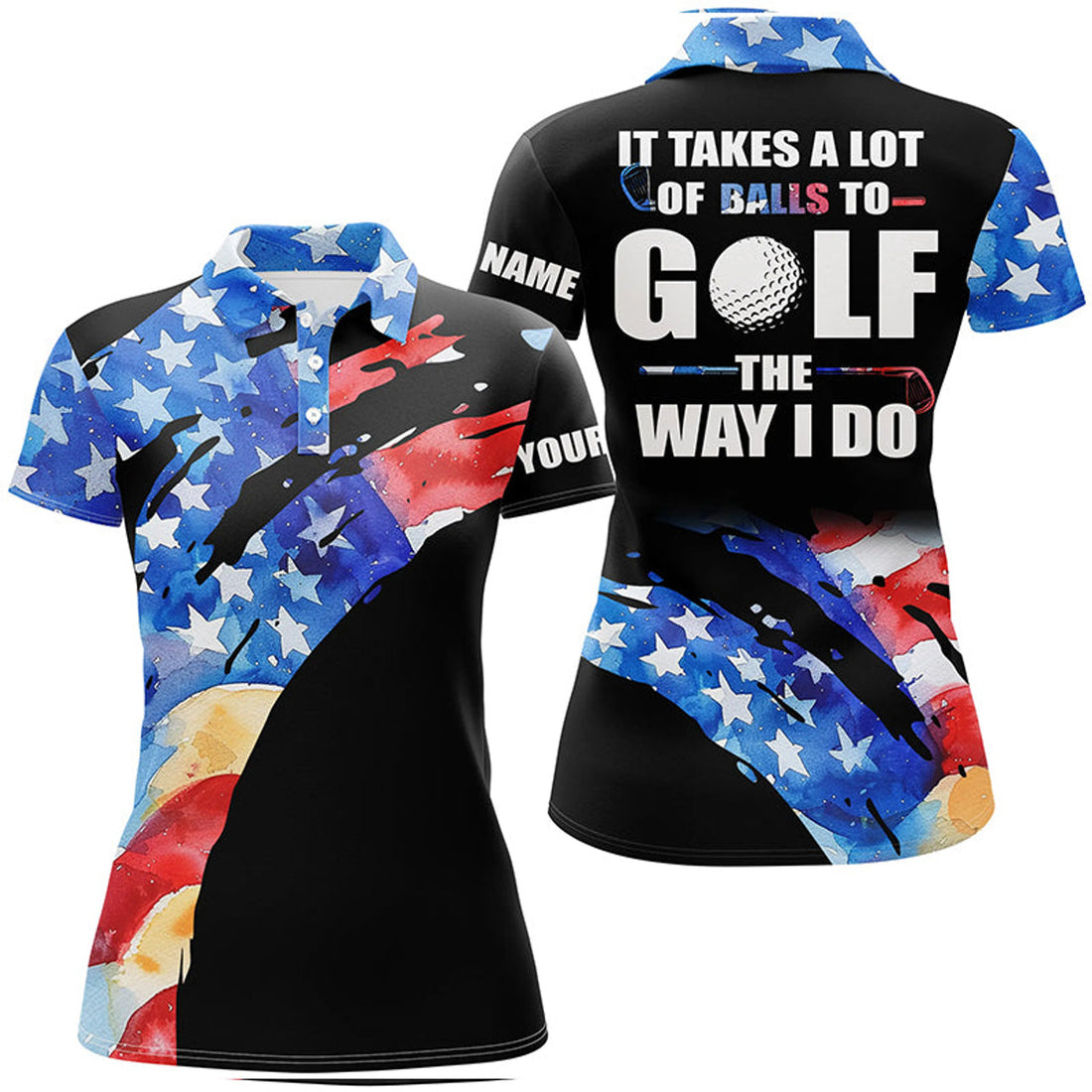 Custom American Flag Golf Shirt Balls Quote Black Women's Polo Shirts S-5XL