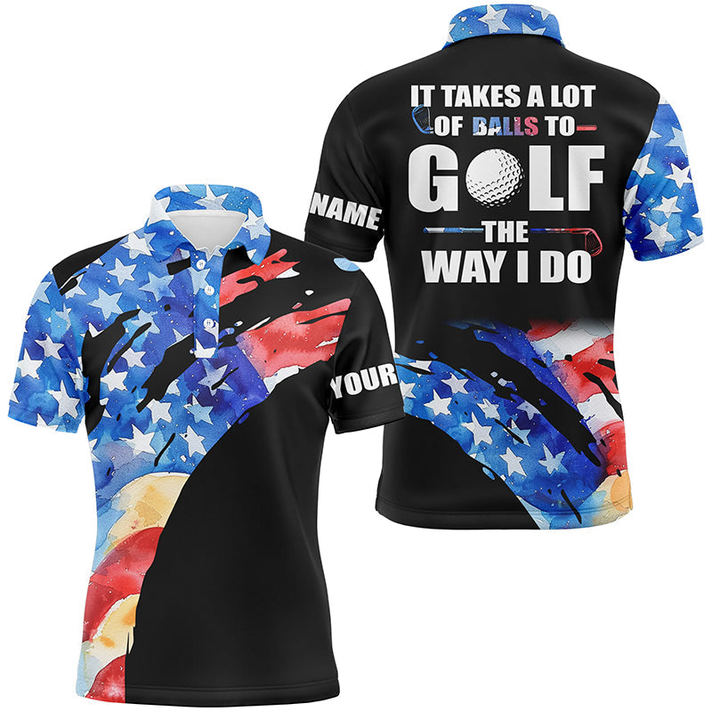 American Flag Black Golf Polo Shirt It Takes a Lot of Balls Men's Polo Shirt
