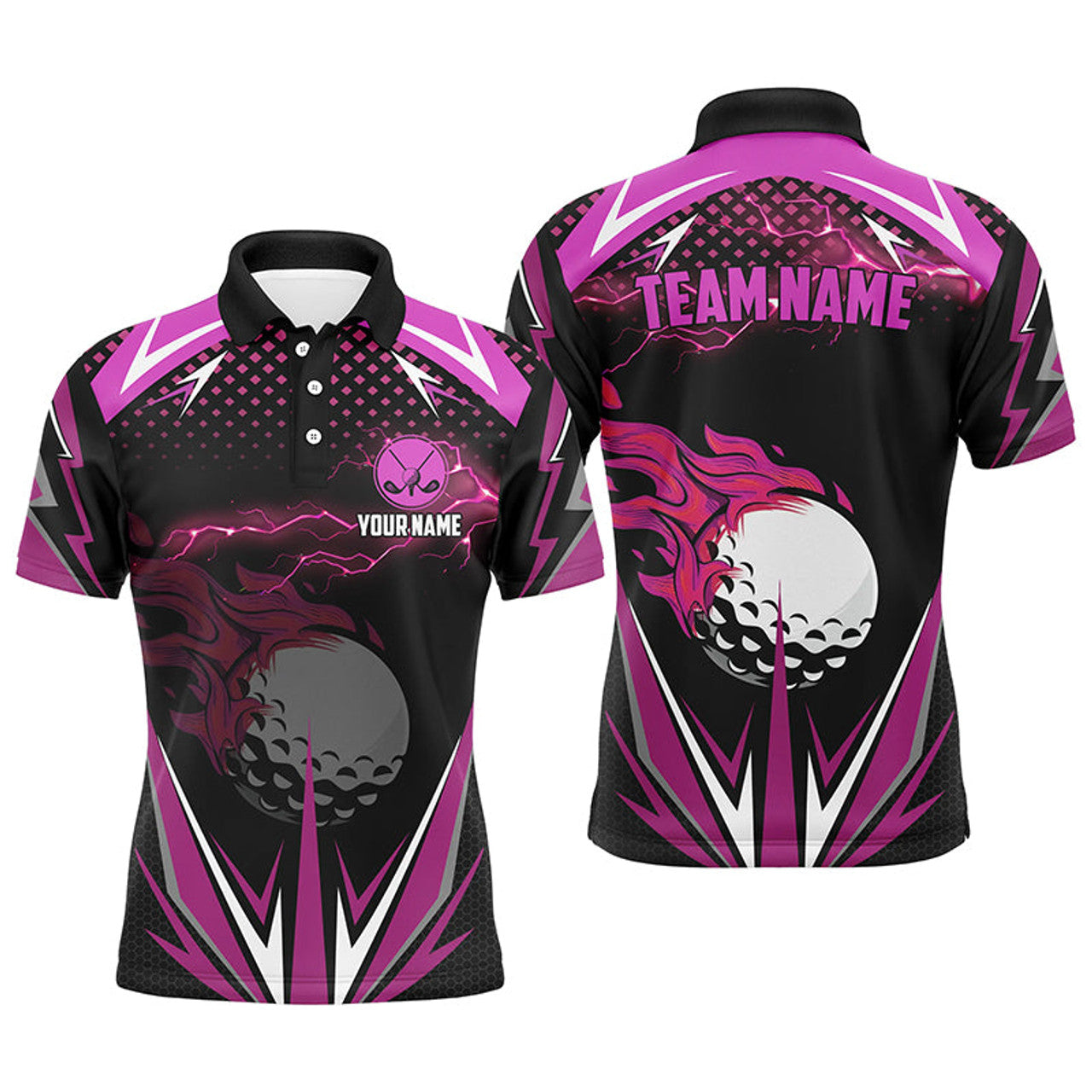Custom Black Men's Golf Polo Shirts Pink Fire Lightning Men's Polo Shirt S-5XL