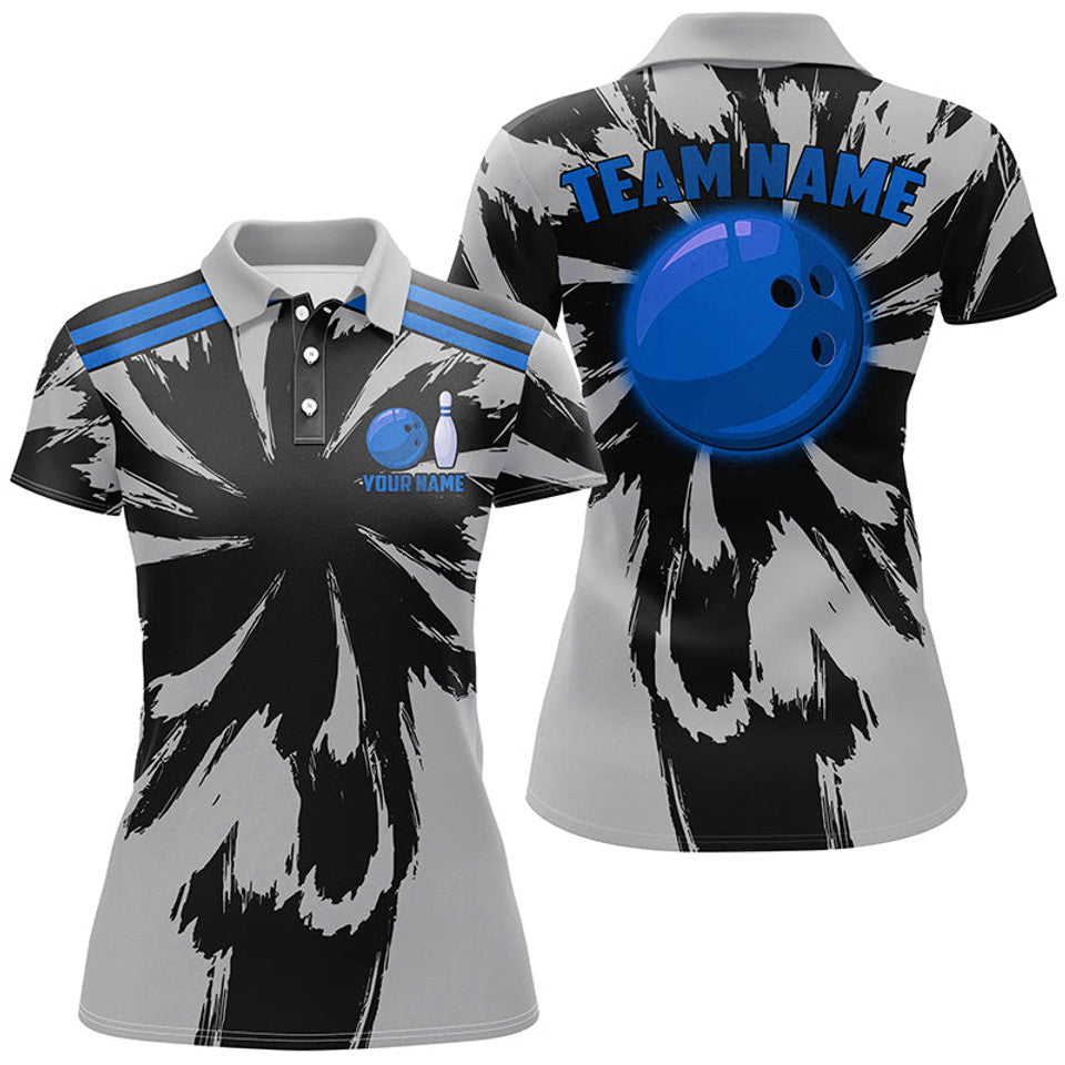 Custom Black Gray Bowling Polo with Blue Ball Team Design Women's Polo Shirts S-5XL