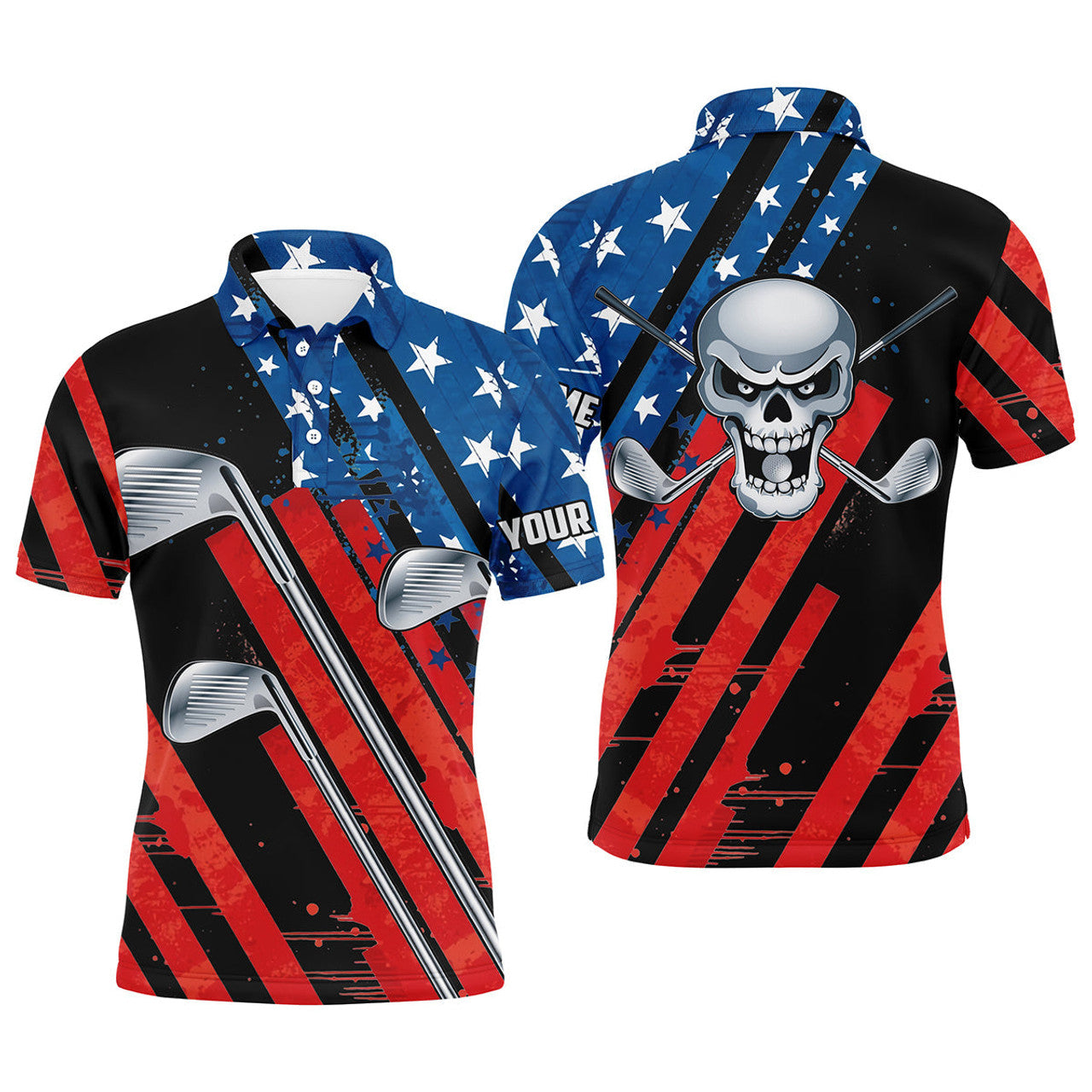 Custom Name American Flag 4th July Skull Golf Clubs Apparel Men's Polo Shirt