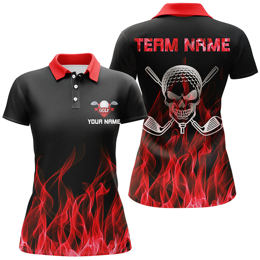 Custom Black Golf with Red Flame Skull Design Women's Polo Shirts S-5XL