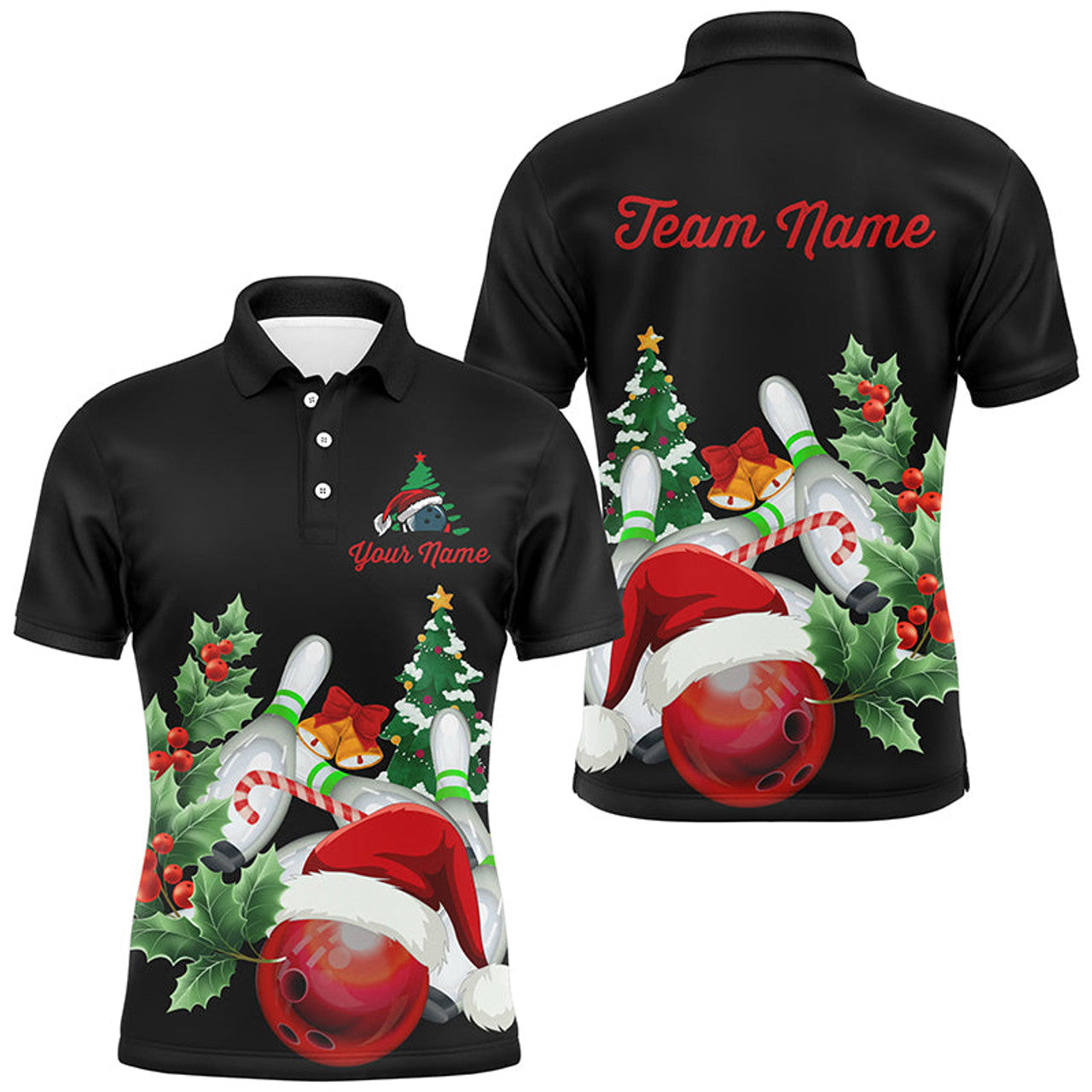 Christmas Bowling Polo Shirt Custom Quarter Zip Black Team Men's Polo Shirt S-5XL
