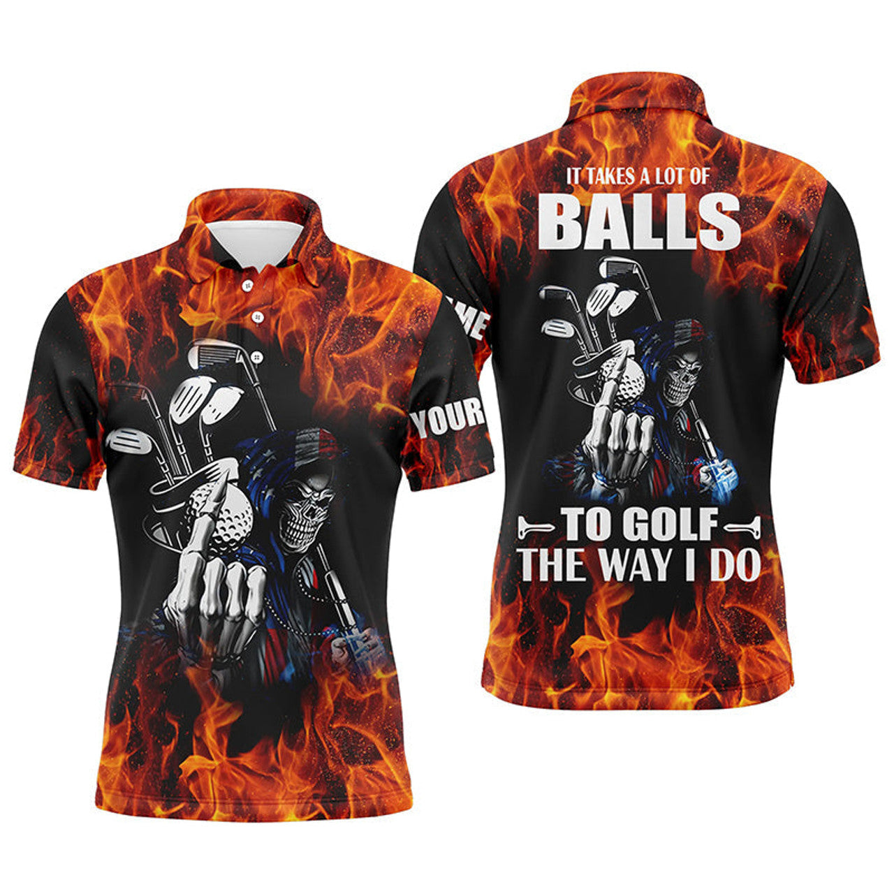 Custom Men's Golf Polo Shirt Name Flame Skull It Takes a Lot of Balls S-5XL