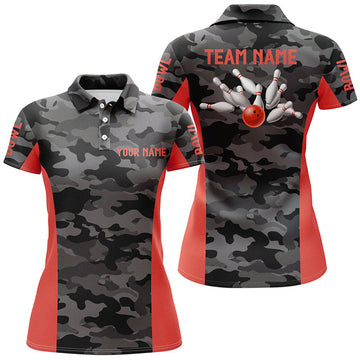 Custom Women Bowling Gray Camo Team League Shirt Red Women's Polo Shirts S-5XL