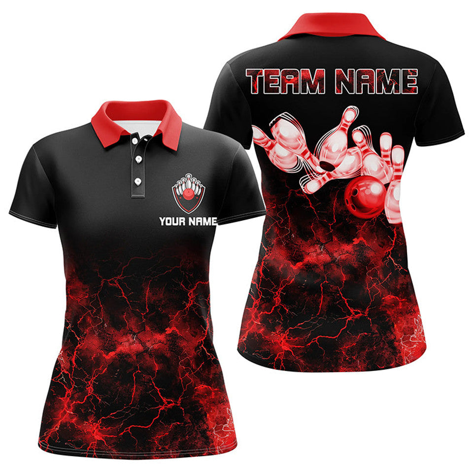 Custom Name Red Lightning Bowling Shirt with Ball and Pins Women's Polo Shirts S-5XL