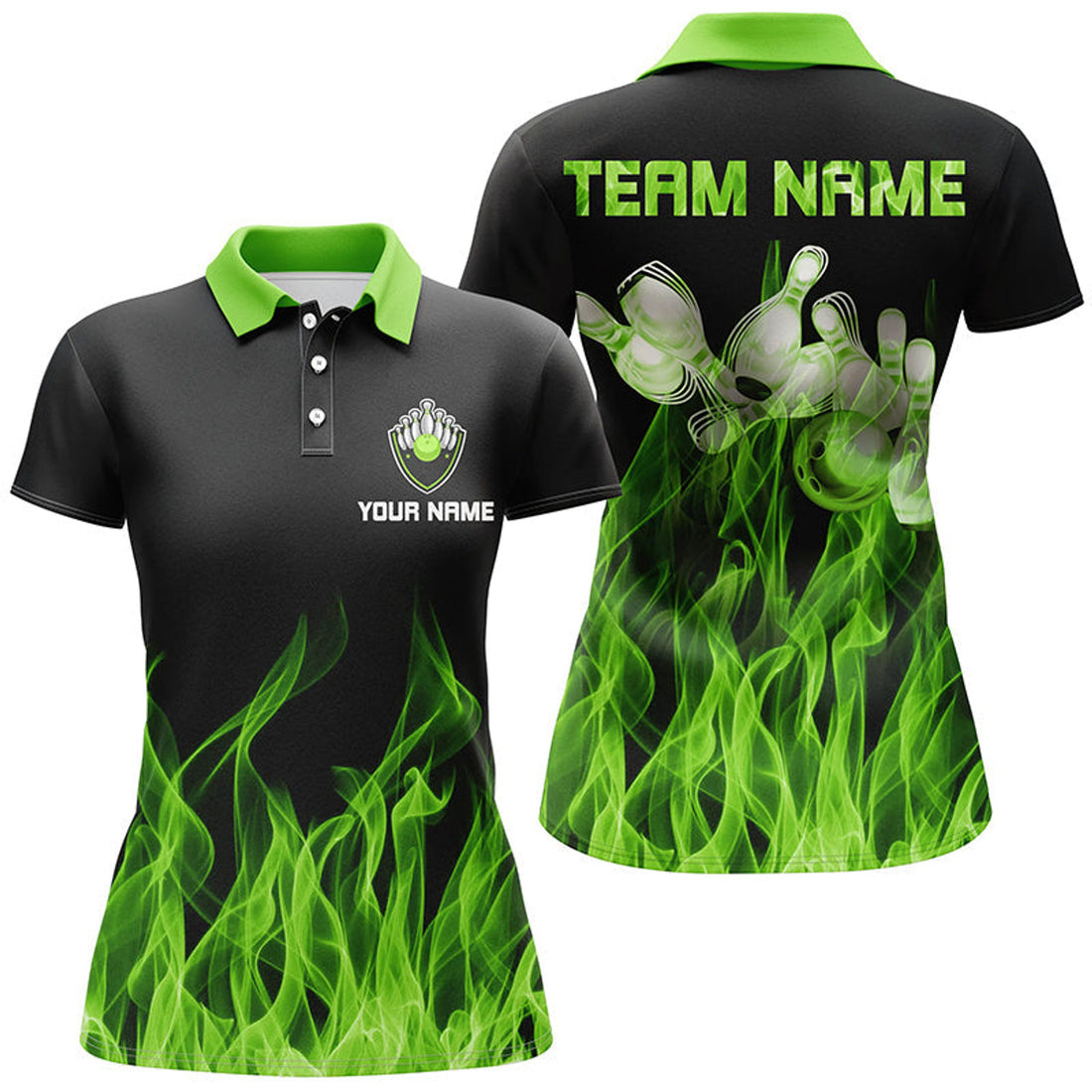 Custom Green Flame Bowling Personalized Team Shirts Women's Polo Shirts S-5XL