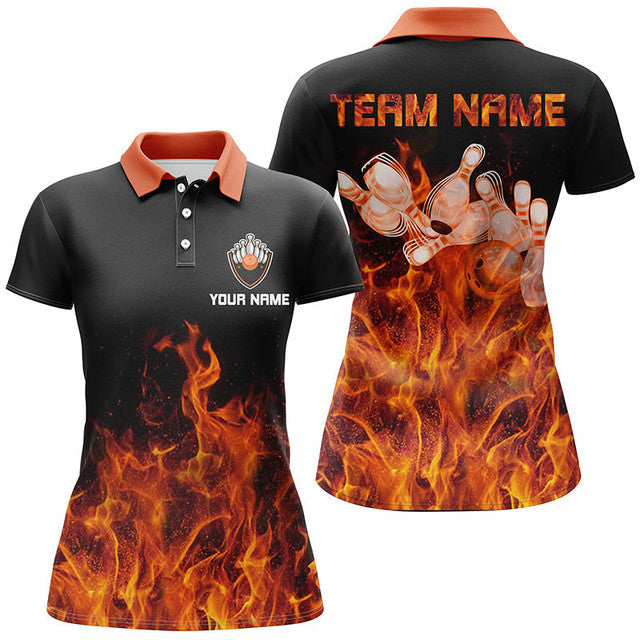 Custom Flame Womens Bowling Shirt Black Team Design Women's Polo Shirts S-5XL