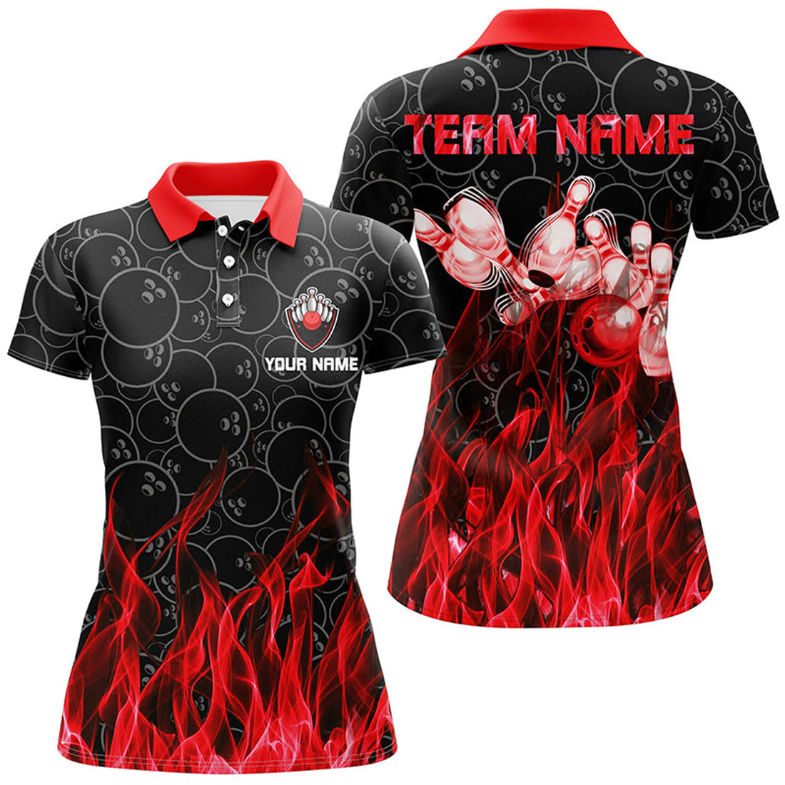 Custom Red Flame Black Camo Bowling Team Shirt Women's Polo Shirts S-5XL