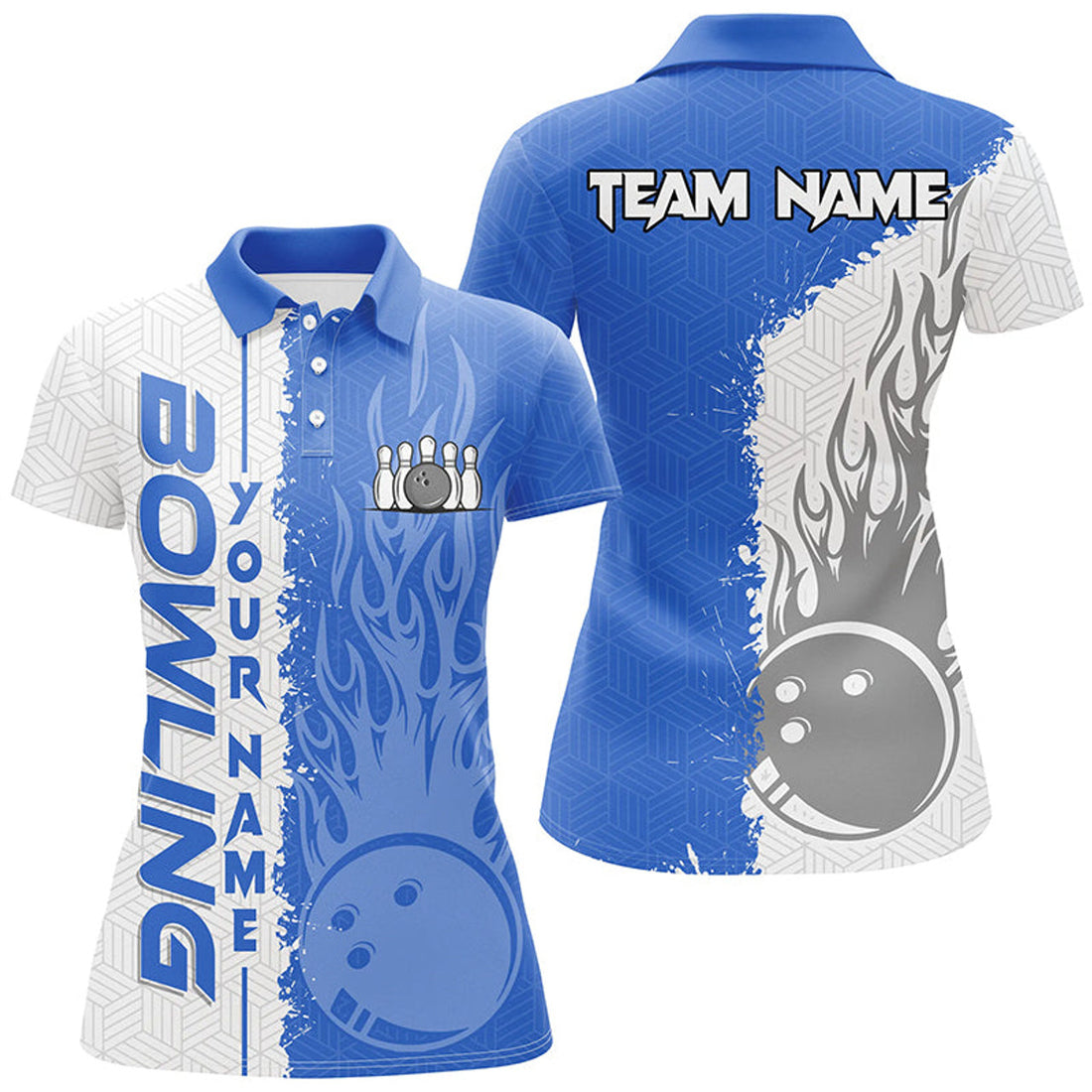 Custom Name Flame Bowling Ball And Pins White Blue Women's Polo Shirts S-5XL