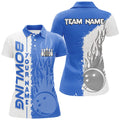 Custom Name Flame Bowling Ball And Pins White Blue Women's Polo Shirts S-5XL