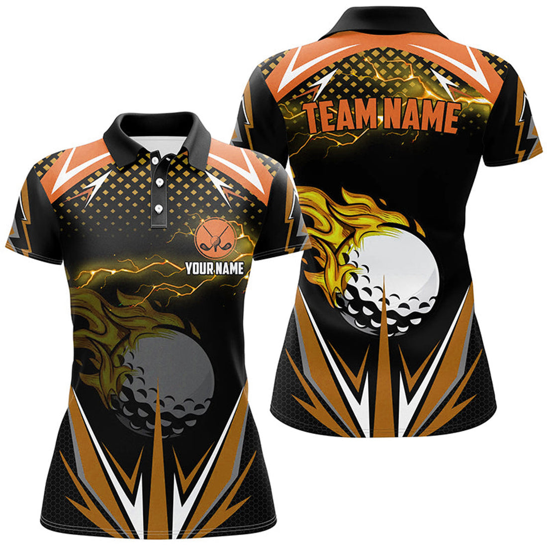 Custom Black Golf with Orange Fire Design for Ladies Women's Polo Shirts S-5XL