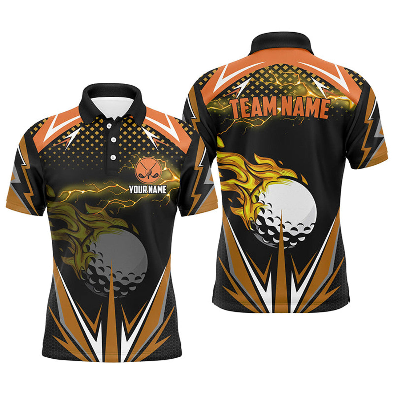 Custom Black Golf Polo Shirts Orange Fire Lightning Men's Polo Shirt S-5XL