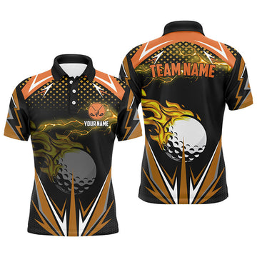 Custom Black Golf Polo Shirts Orange Fire Lightning Men's Polo Shirt S-5XL