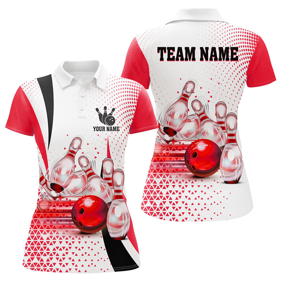 Custom Bowling Polo Shirt Ball Pins Team Gifts Red Womens Polo Shirts S-5XL