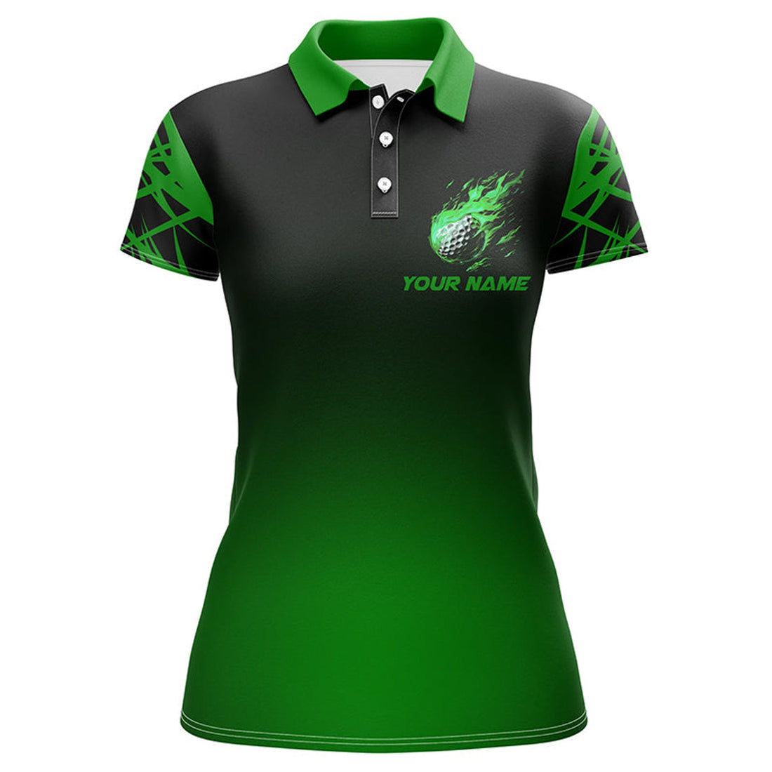 Custom Name Green Black Gradient Fire Golf Shirt for Women's Polo Shirts S-5XL