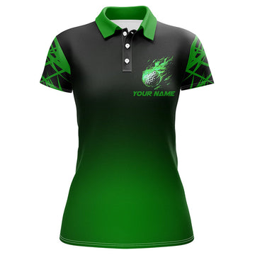 Custom Name Green Black Gradient Fire Golf Shirt for Women's Polo Shirts S-5XL