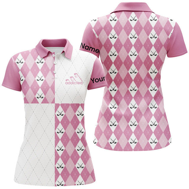 Custom Golf Addicted Pink White Golf Clubs Pattern Women's Polo Shirts S-5XL