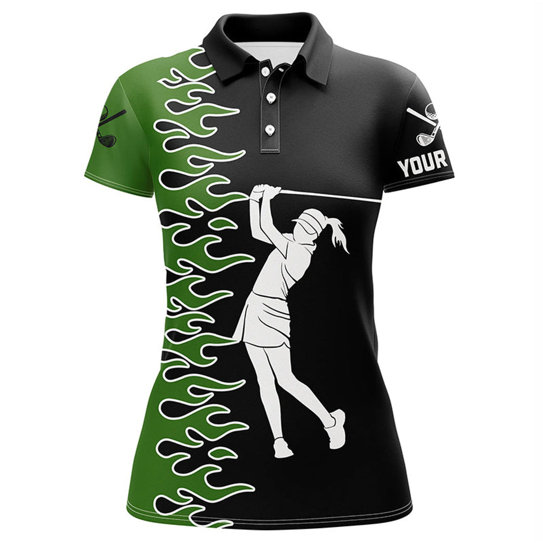 Custom Name Black and Green Flame Golf Outfit Gift for Her Women's Polo Shirts S-5XL