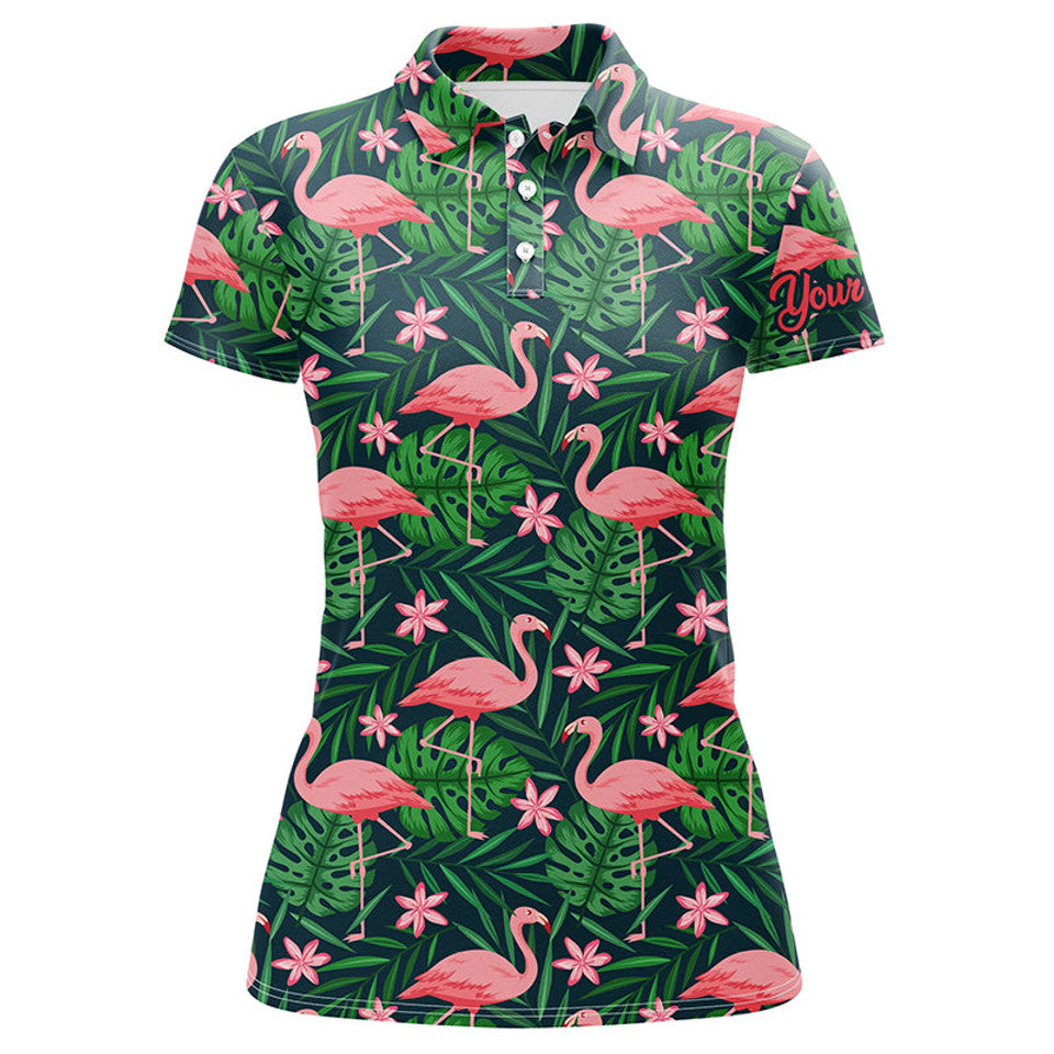 Custom Golf Pink Flamingo Green Tropical Leaf Shirts Women's Polo Shirts S-5XL