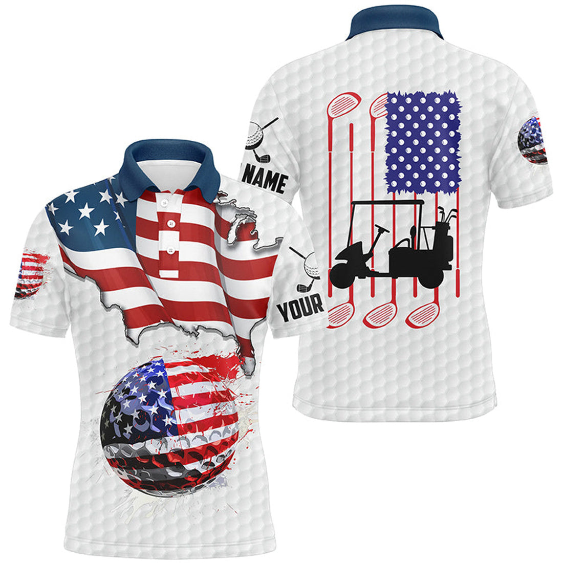 Custom American Flag White Golf Ball Patriotic Golf Gifts Men's Polo Shirt S-5XL