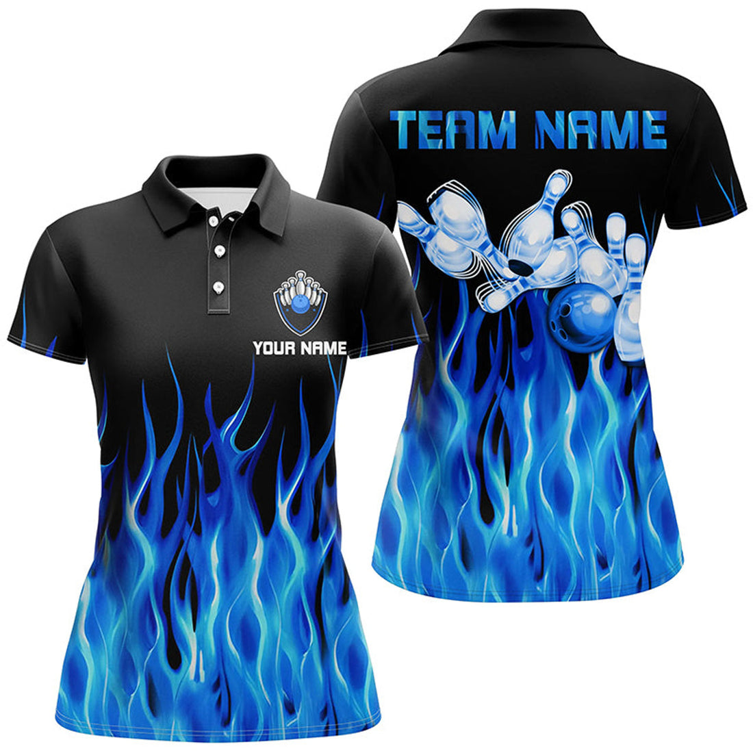 Custom Blue Flame Bowling Polo Shirt Personalized Women's Polo Shirts S-5XL