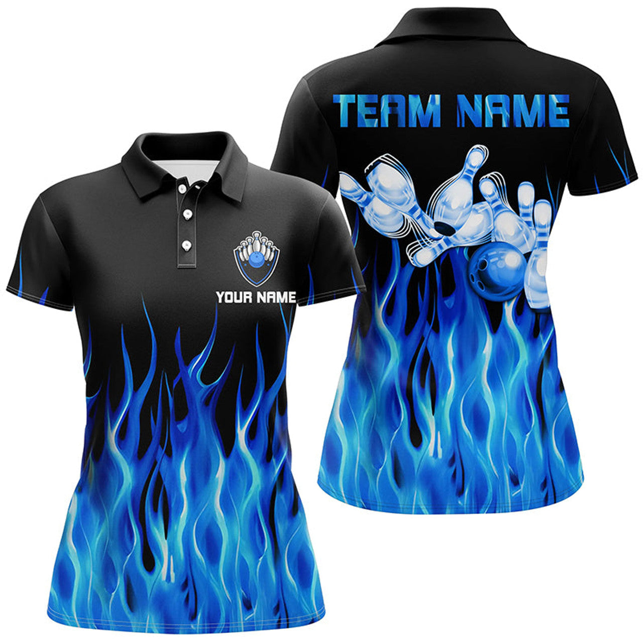 Custom Blue Flame Bowling Polo Shirt Personalized Women's Polo Shirts S-5XL