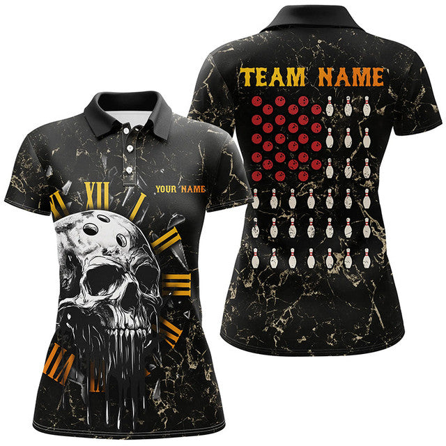 Custom Skull Bowling American Flag Shirts For Women Women's Polo Shirts S-5XL