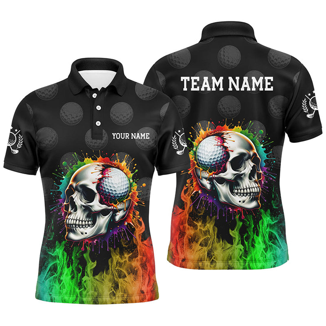 Personalized Golf with Rainbow Flame Skull Fire Design Men's Polo Shirt S-5XL