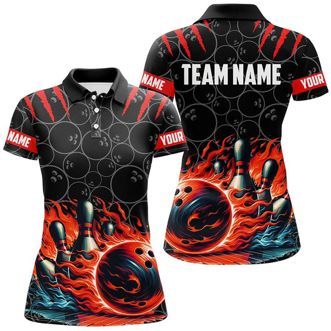 Custom Bowling Black Red Flame Bowling Team Women's Polo Shirts S-5XL