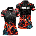 Custom Bowling Black Red Flame Bowling Team Women's Polo Shirts S-5XL