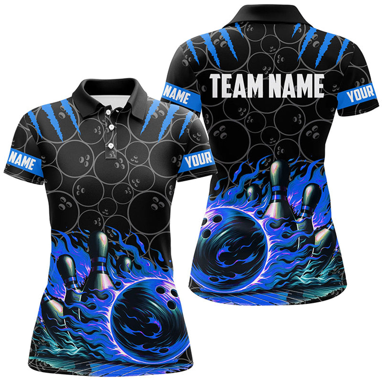 Custom Black Blue Flame Bowling Team Gift for Bowlers Women's Polo Shirts S-5XL