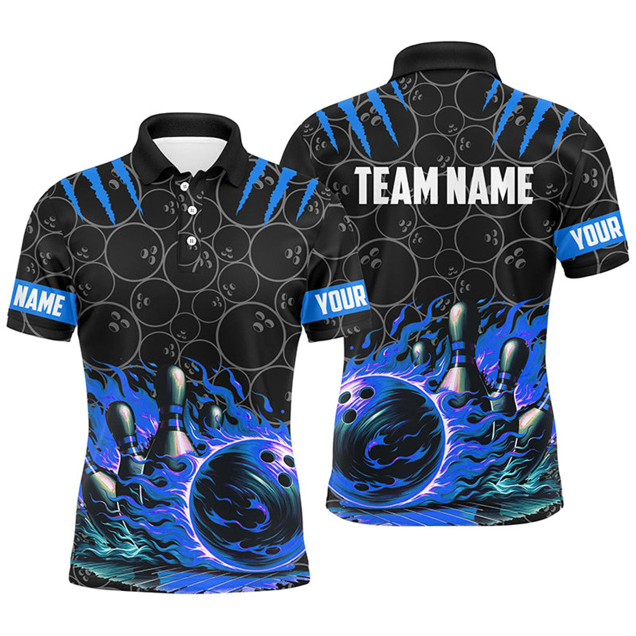 Custom Black Blue Flame Bowling Shirt Bowling Team Jerseys Men's Polo Shirt S-5XL