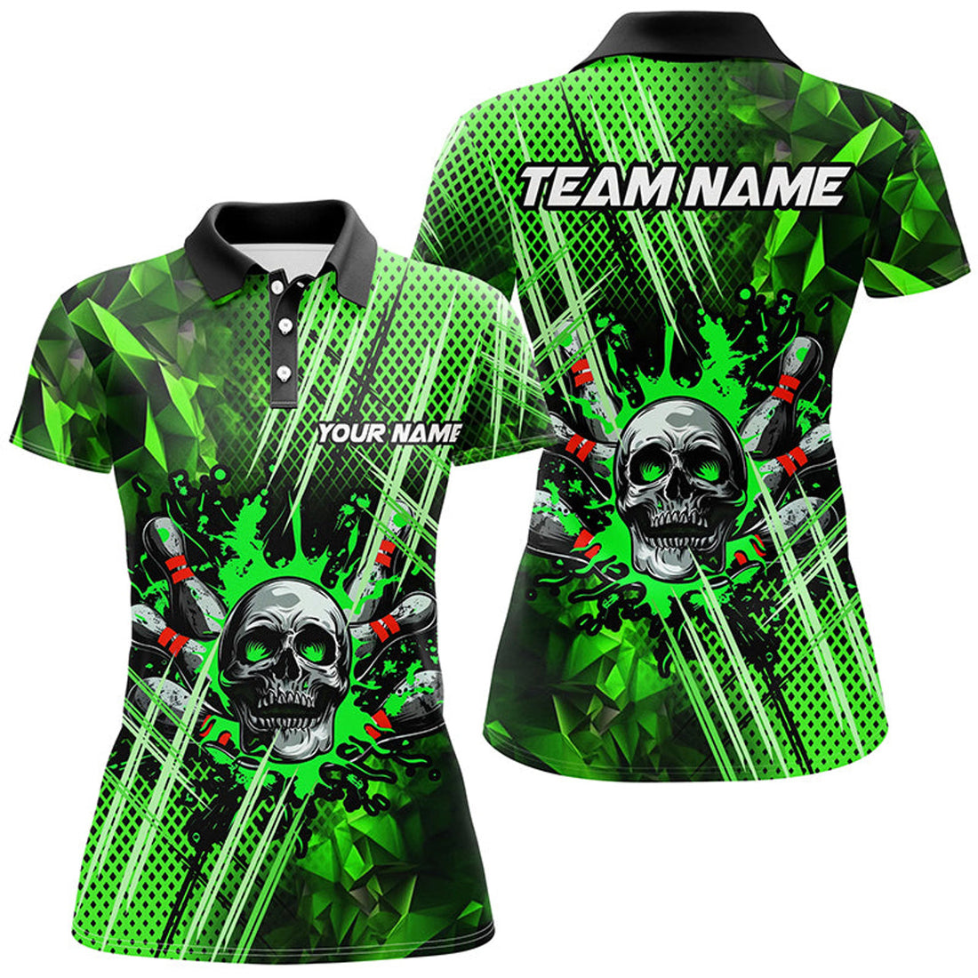 Custom Green Bowling Skull Women's Polo Shirts S-5XL