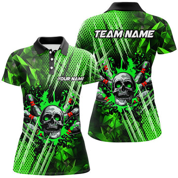 Custom Green Bowling Skull Women's Polo Shirts S-5XL