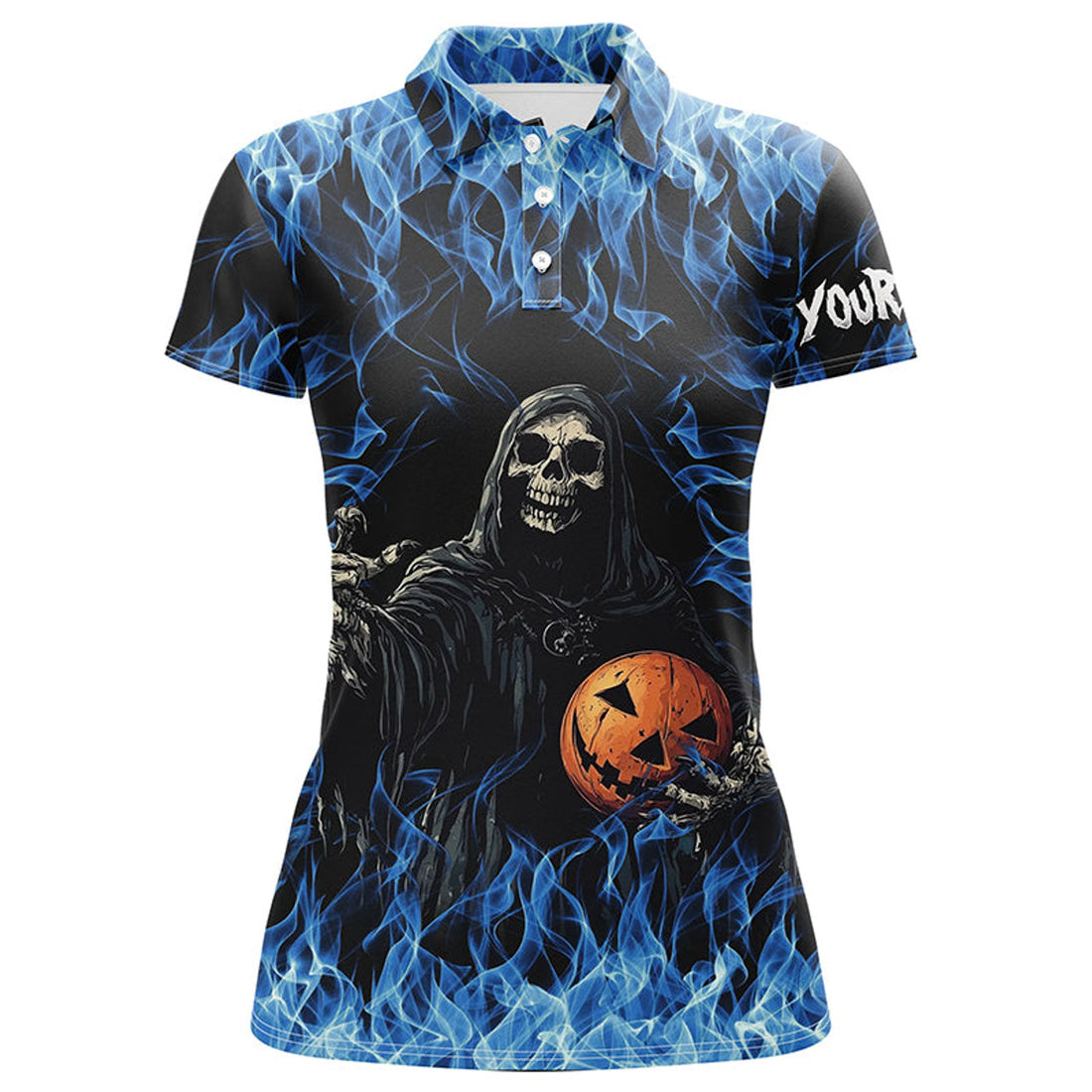 Custom Blue Flame Halloween Skull Bowling Team Shirt Women's Polo Shirts S-5XL