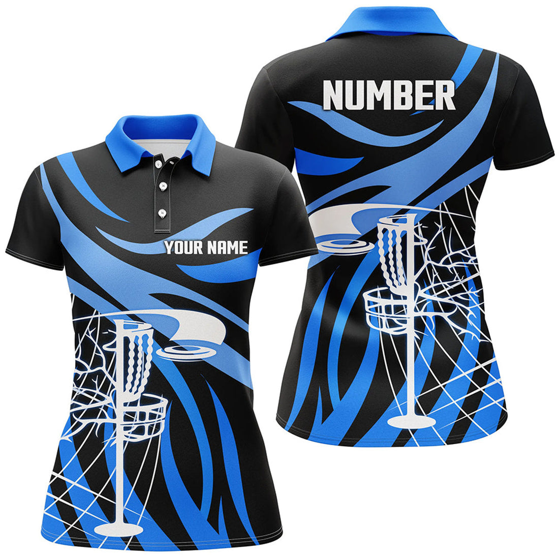 Custom Disc Golf Shirt Black Blue Basket Women's Polo Shirts S-5XL