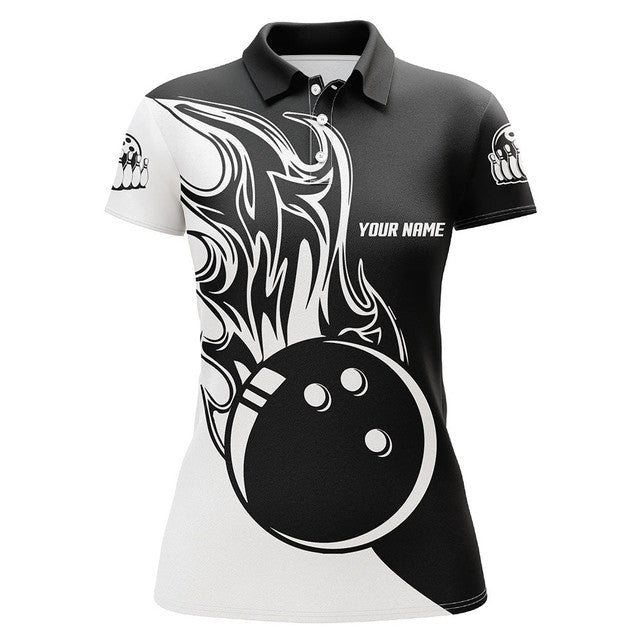 Custom Black White Fire Bowling Shirts Ladies Bowling Women's Polo Shirts S-5XL