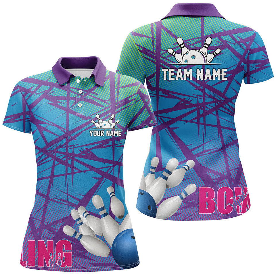 Custom Blue Purple Camo Bowling Team Polo Shirt Womens Polo Shirts S-5XL