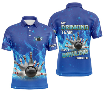 Personalized Blue Flame Bowling Ball Pins Drinking Team Men's Polo Shirt S-5XL