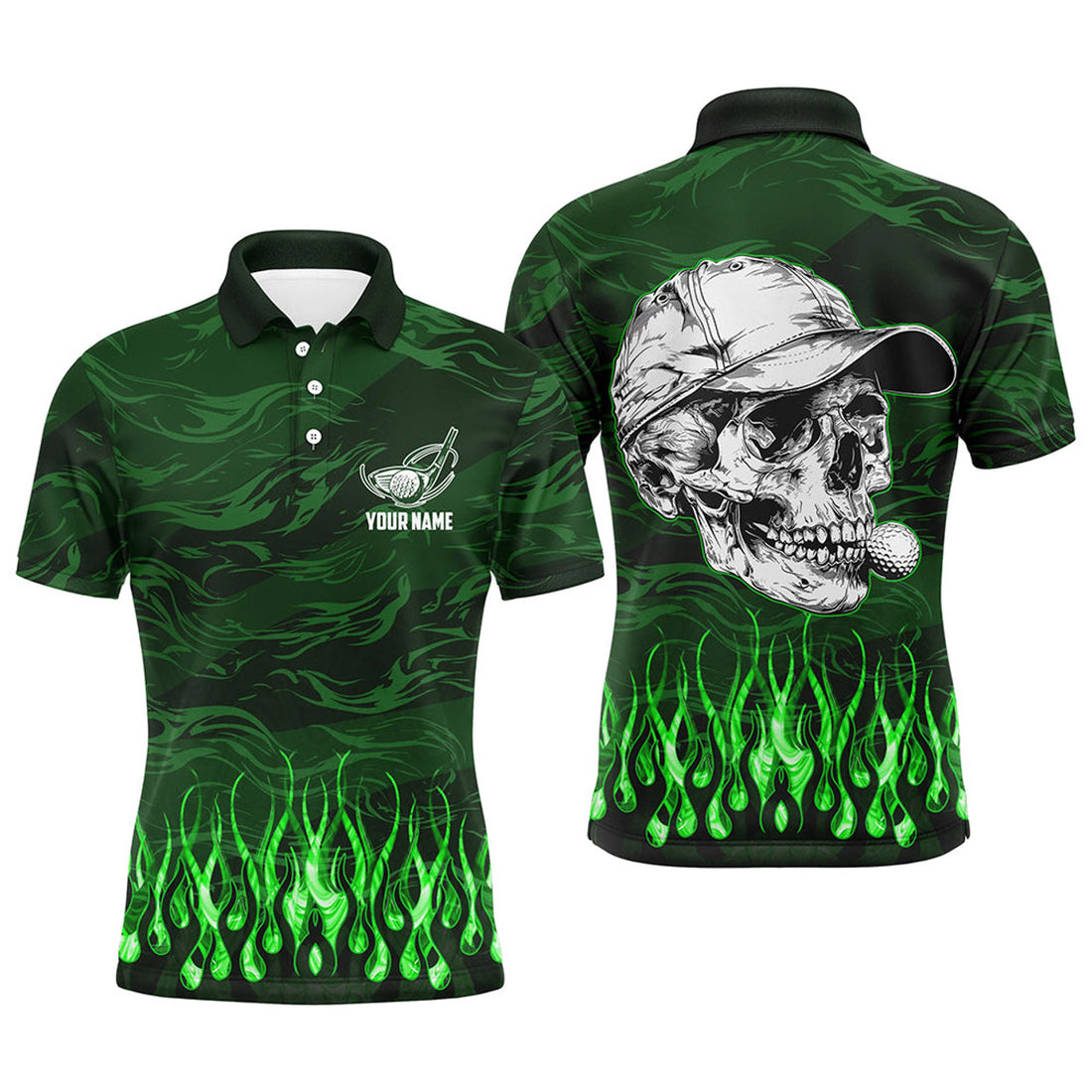 Custom Green Camo Golf Skull Team Attire Men's Polo Shirt S-5XL