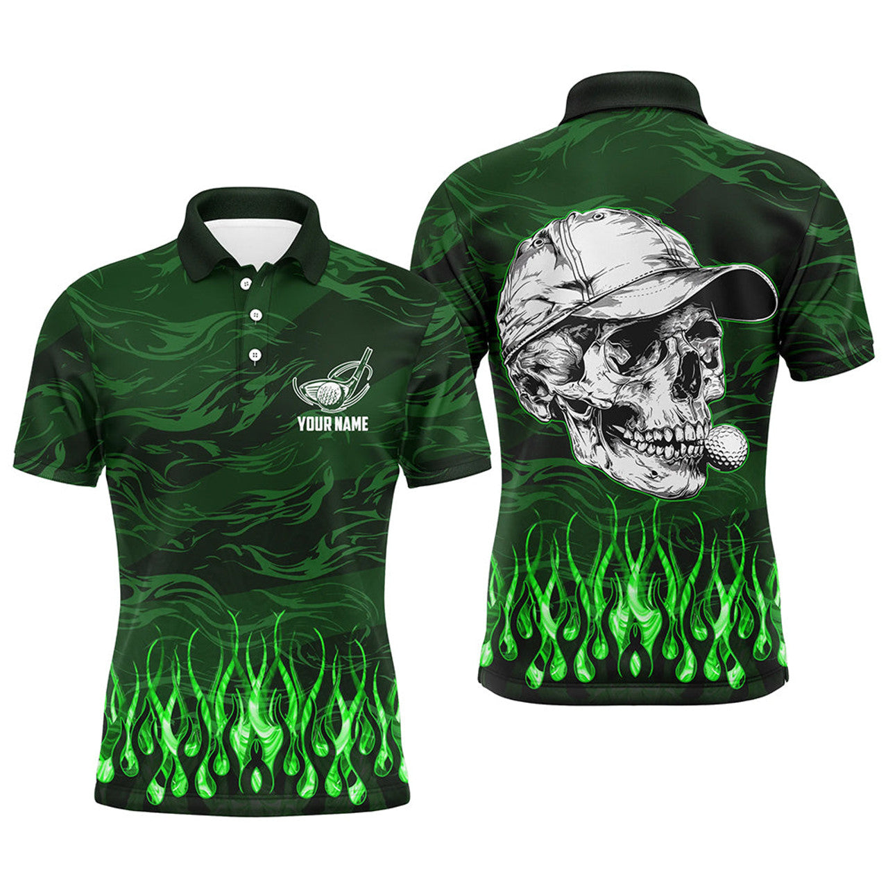 Custom Green Camo Golf Skull Team Attire Men's Polo Shirt S-5XL