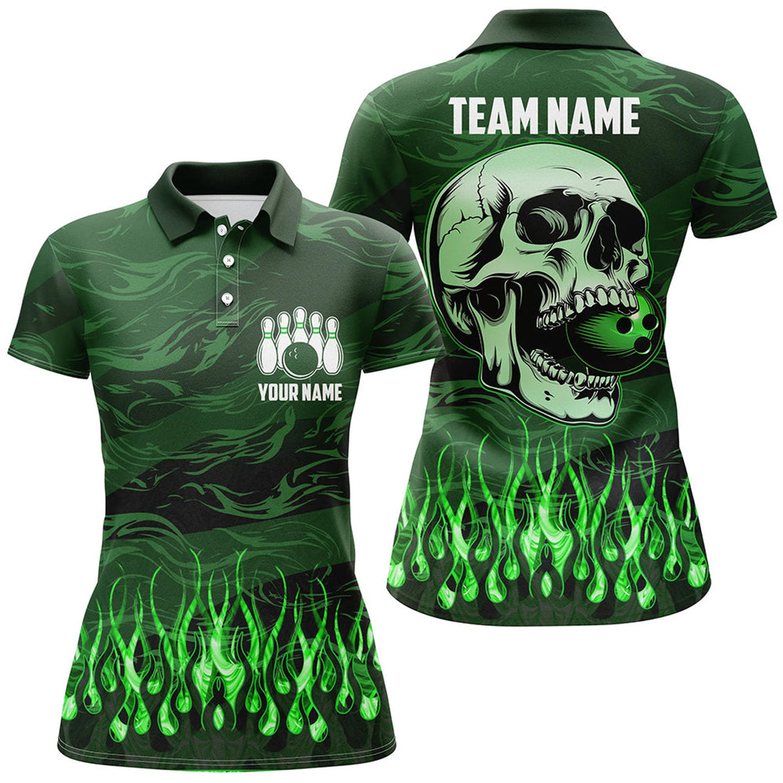 Custom Camo Flame Skull Bowling Team Women's Polo Shirts S-5XL