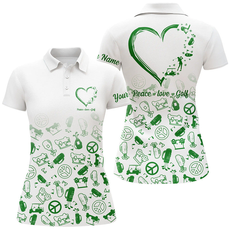 Custom Name Green Heart Peace Love Golf Shirt for Women Women's Polo Shirts S-5XL