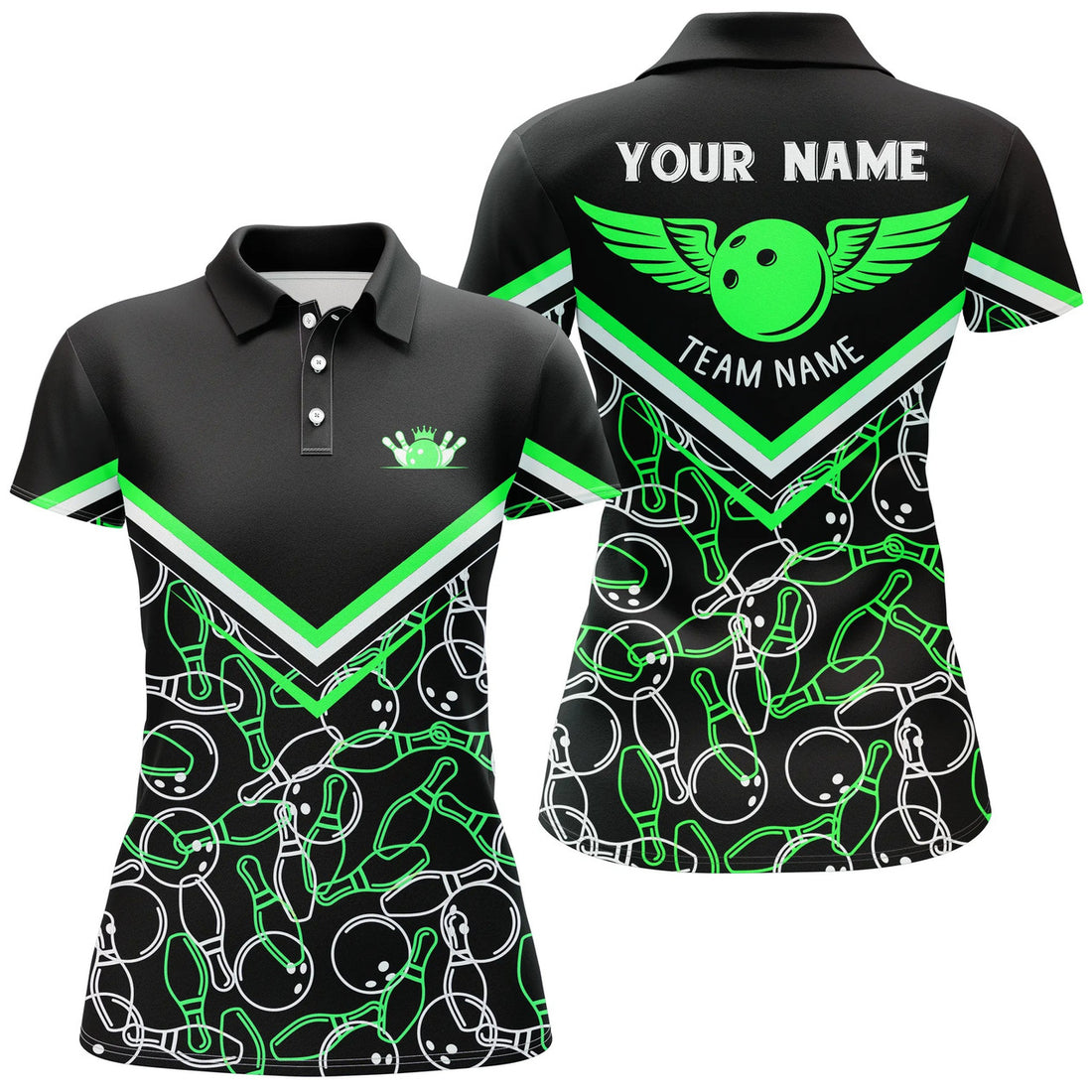 Custom Name Bowling Shirt Black Green For Women Women's Polo Shirts S-5XL